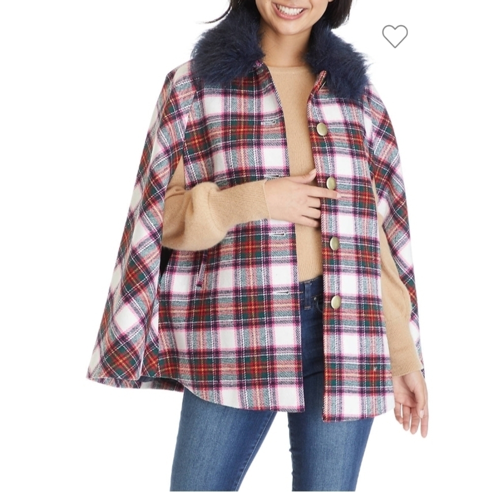 Crown & Ivy Plaid Cape with Faux Fur Collar(removable) Sz M New With Tag